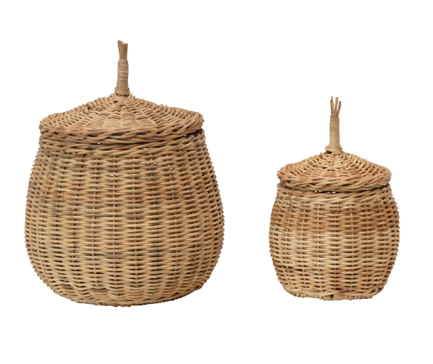 Hand-Woven Wicker Baskets with Lids, Set of 2