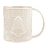 White embossed tree snowflake mug. 