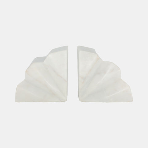 Semi Circle Fluted Marble Bookends, White, Set of 2