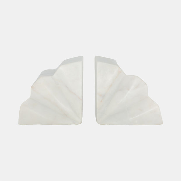Semi Circle Fluted Marble Bookends, White, Set of 2