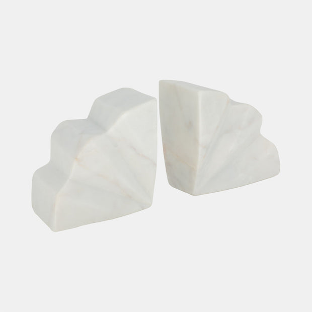 Semi Circle Fluted Marble Bookends, White, Set of 2