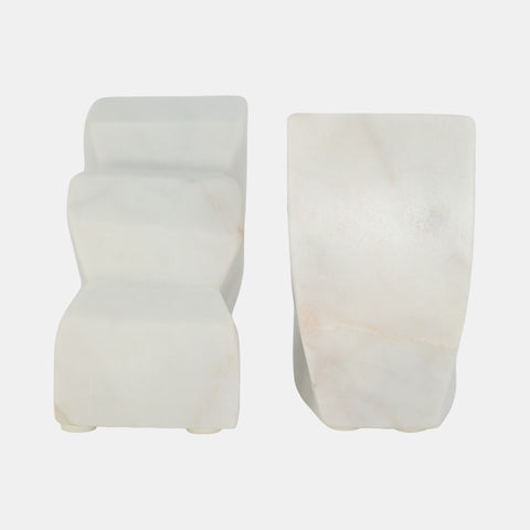 Semi Circle Fluted Marble Bookends, White, Set of 2