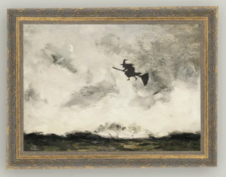 Witch Flying Through the Night, Patina Gold Frame, 16x12