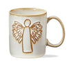 A cream-colored ceramic mug with a gold-toned angel design on the side and a matching gold-toned handle, shown against a plain white background.
