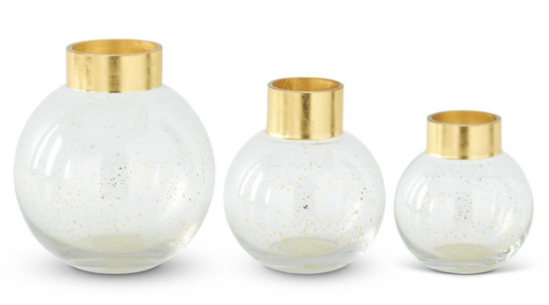 Clear Round Vase w/Gold Platter & Rim, Large