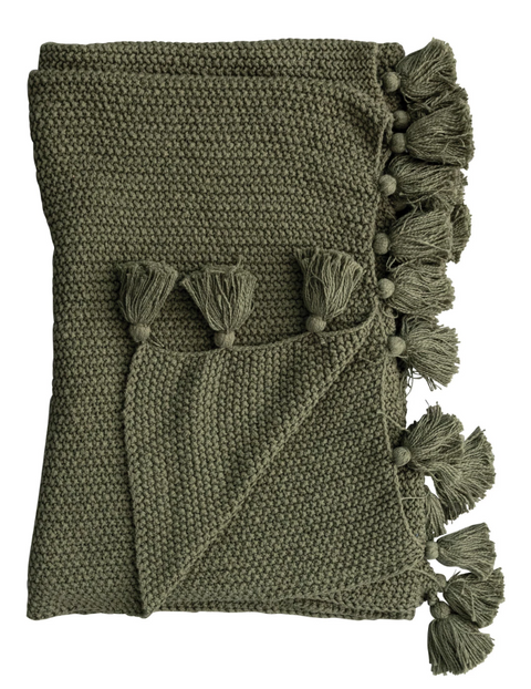 Cotton Knit Throw w/ Tassels, Olive Green