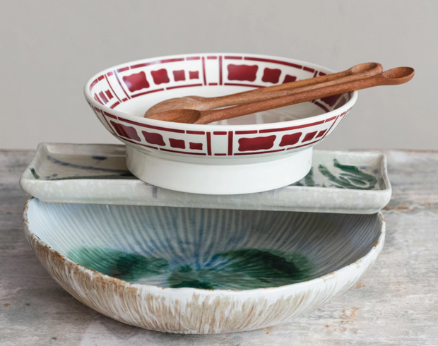 Hand Painted Stoneware Footed Bowl w/ Pattern