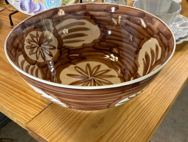 Large Hand-Painted Stoneware Bowl w/ Design, Brown