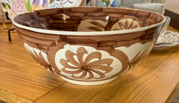 Large Hand-Painted Stoneware Bowl w/ Design, Brown