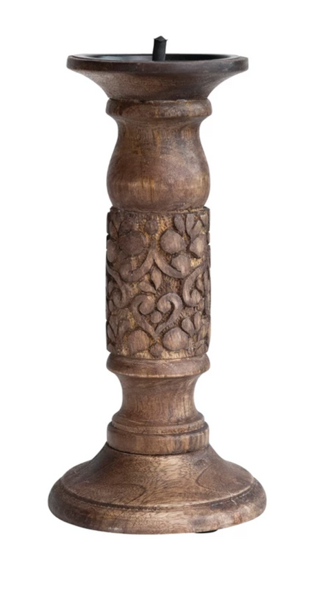 Hand-Carved Mango Wood Candle Holder w/ Design, Walnut Finish