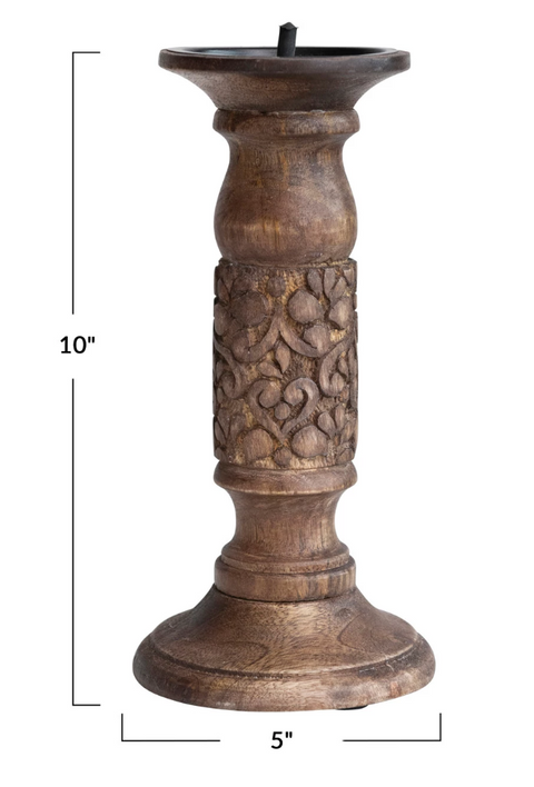 Hand-Carved Mango Wood Candle Holder w/ Design, Walnut Finish