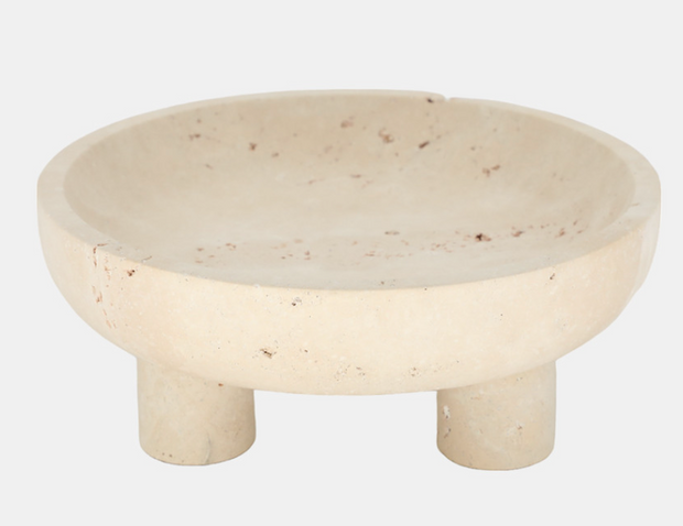 10" Travertine Footed Bowl, Tan