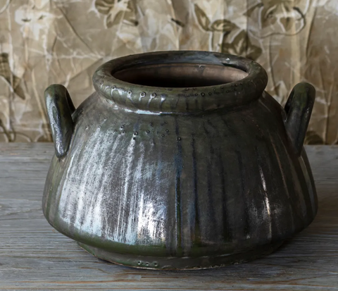 Aged Olive Dripped Glazed Kettle Vase