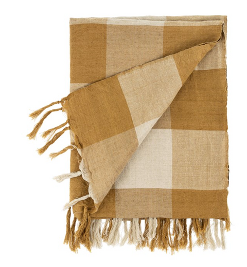 Linen Gingham Throw Blanket, Toffee