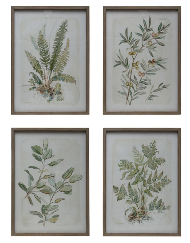 Wood Framed Glass Wall Decor w/ Botanical Print, 4 Styles