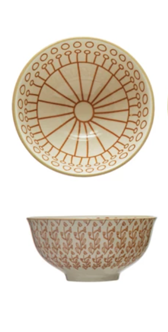 Stoneware Bowl w/Rust Geometric Pattern
