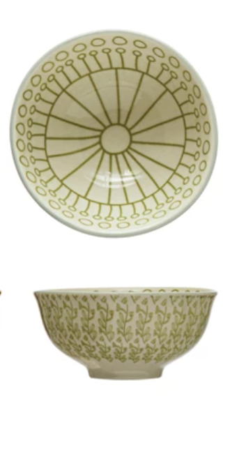 Stoneware Bowl w/Green Geometric Pattern