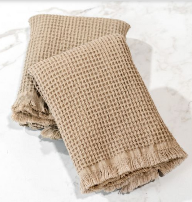 Waffle Fringe Towel, Beige, Set of 2