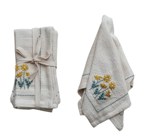 Cotton Napkins w/ Hand-Embroidery, Flowers & French Knots, Set of 4