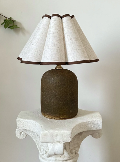 Mini Lamp - Handmade Stoneware w/ Scallop Petal Shade, Brown Trim