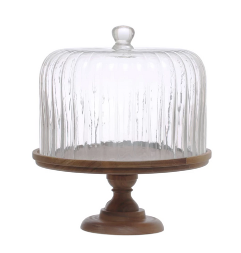 Acacia Wood Pedestal w/ Fluted Glass Cloche