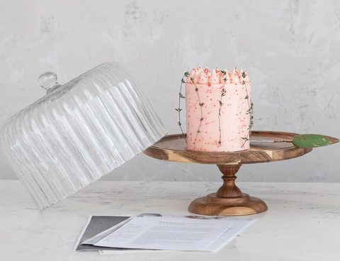 Acacia Wood Pedestal w/ Fluted Glass Cloche