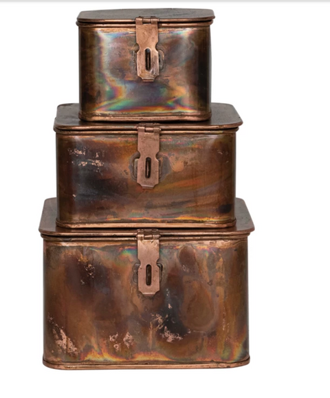 Decorative Metal Boxes, Burnt Copper Finish, Set of 3