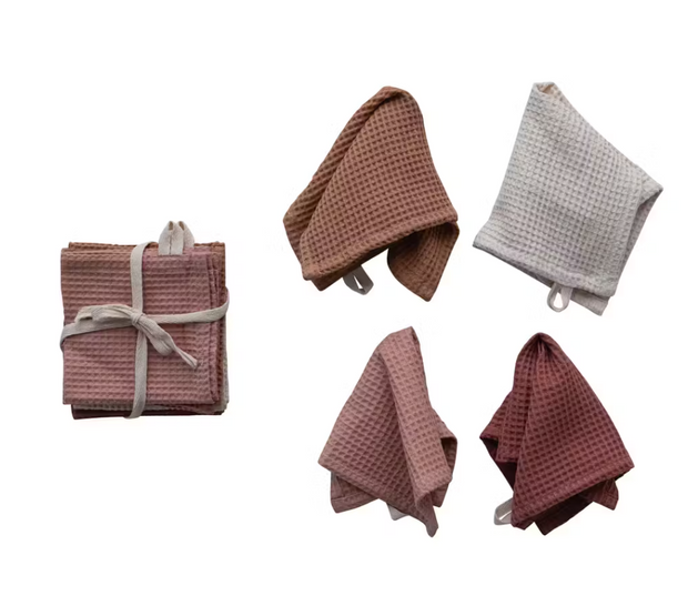 Woven Linen & Cotton Waffle Dish Cloths w/ Loops, 4 Colors, Set of 4