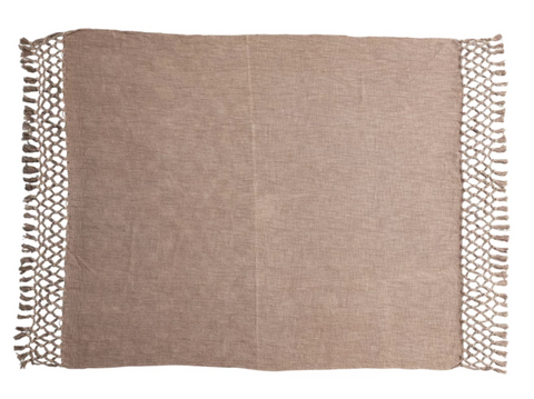 Woven Cotton Slub Throw w/ Crochet & Fringe, Brown