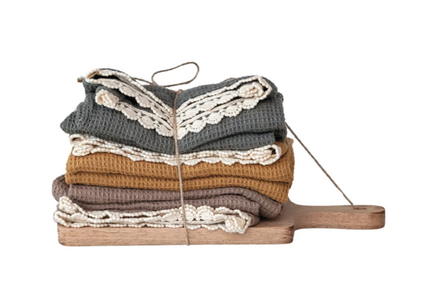 Cotton Waffle Weave Tea Towels w/ Cheese/Cutting Board, Set of 4