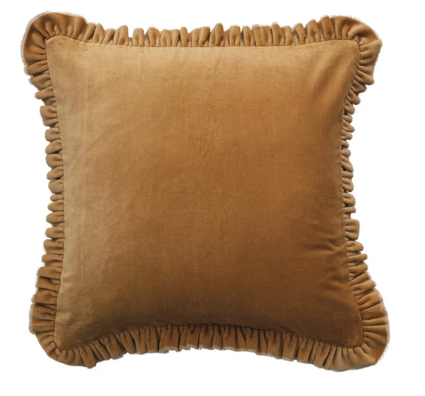 Velvet Pillow w/ Ruffled Trim, Mustard