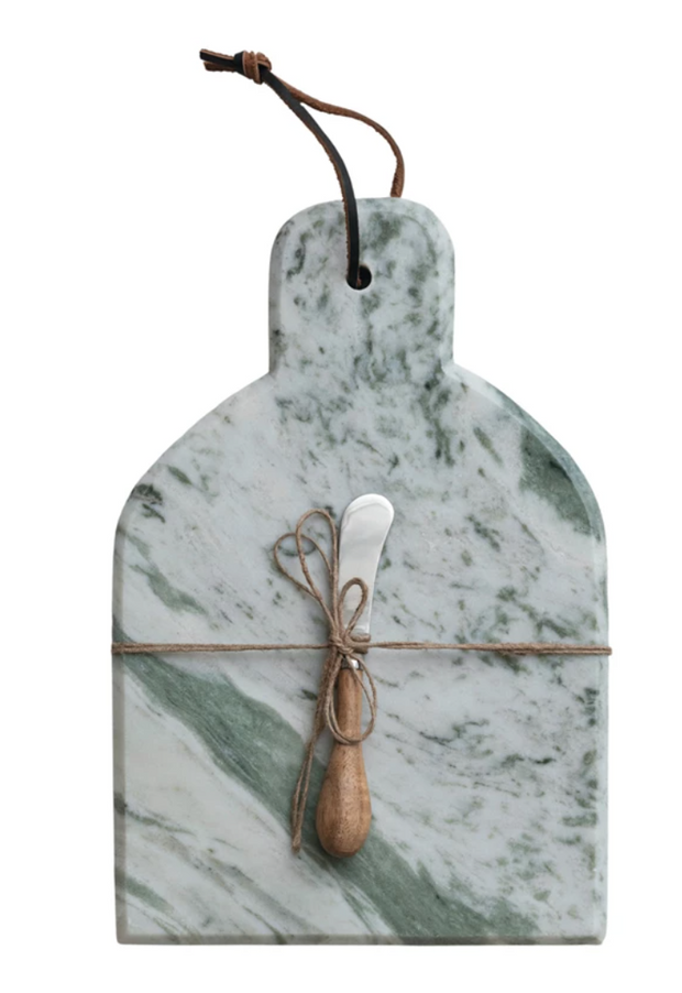 Marble Cheese/Cutting Board w/ Canape Knife, Green Melange, Set of 2