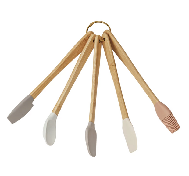 Silicone & Beech Wood Mini Kitchen Utensils Neutrals, Set of 5