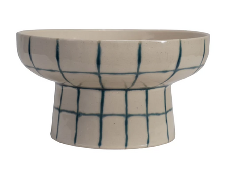 Hand-Painted Grid Stoneware Pedestal Bowl, Blue/Cream