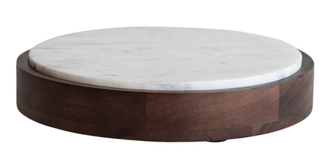 Mango Wood & Marble Pedestal with Removable Marble Tray, Set of 2