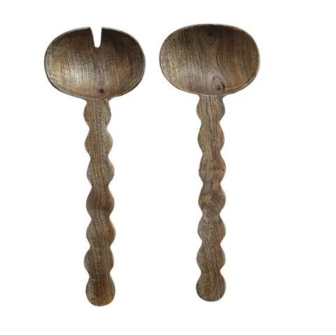 Carved Mango Wood Salad Servers w/ Scalloped Handle, Set of 2