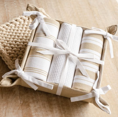 Three Piece Towel Set, Tan & White