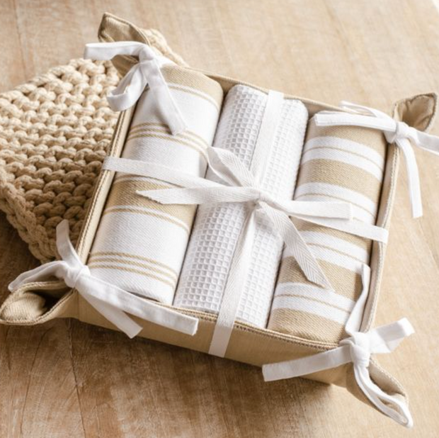 Three Piece Towel Set, Tan & White