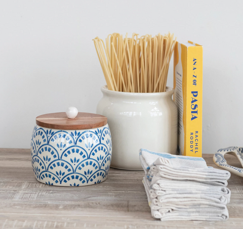 Stoneware Canister with Acacia Wood Lid, Ivory & Natural