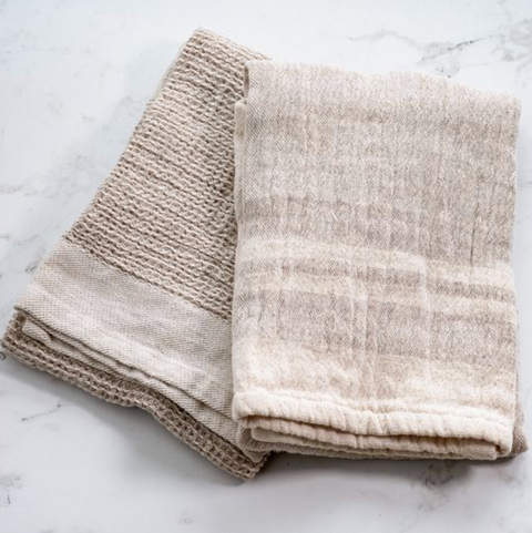 Waffle Double Stripe Towel, Natural, Set of 2
