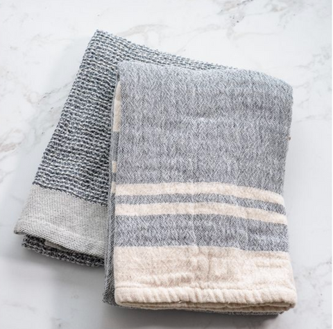 Waffle Double Stripe Towel, Blue, Set of 2