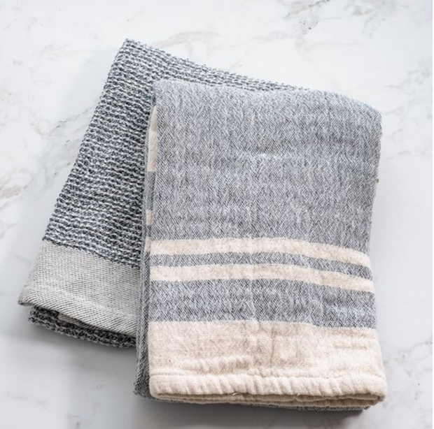 Waffle Double Stripe Towel, Blue, Set of 2