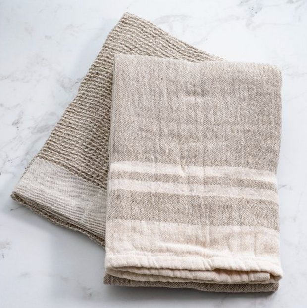Waffle Double Stripe Towel, Beige, Set of 2