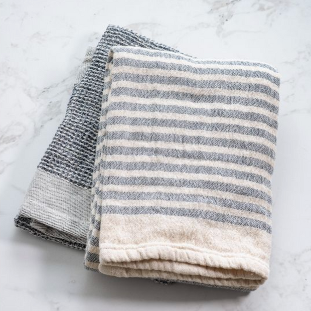 Waffle Stripe Towel, Blue, Set of 2