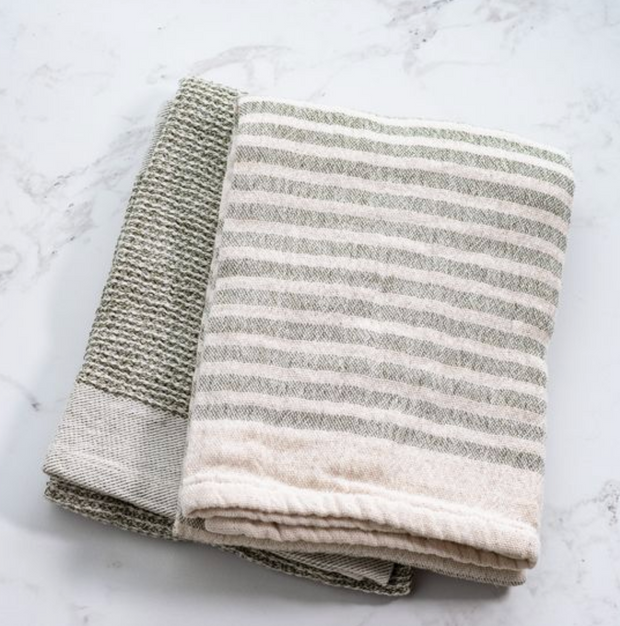 Waffle Stripe Towel, Olive, Set of 2