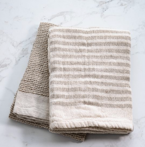 Waffle Stripe Towel, Beige, Set of 2