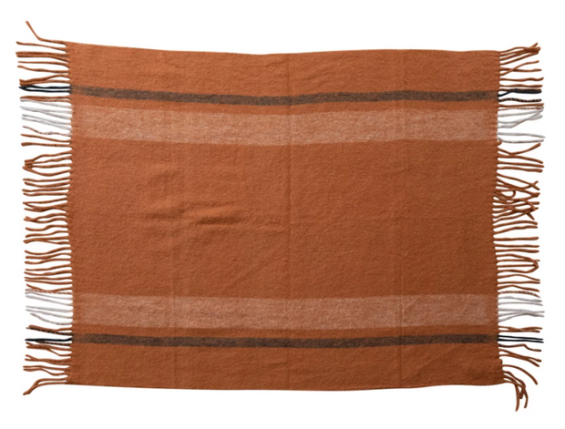 Brushed Acrylic & New Zealand Wool Throw w/Stripes & Fringe