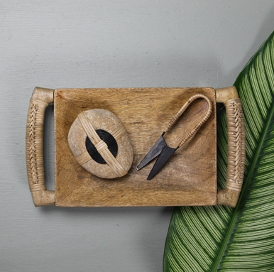 Kota Wood Tray with Rattan Handles