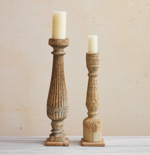 Vintage Carved Mango Wood Pillar Holder