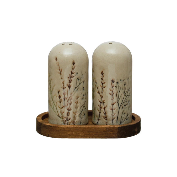 Floral Salt + Pepper Shakers w/ Tray